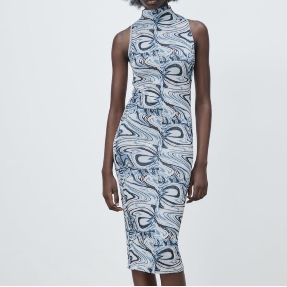 Zara Blue Marble Jacquard Midi Dress size M/L